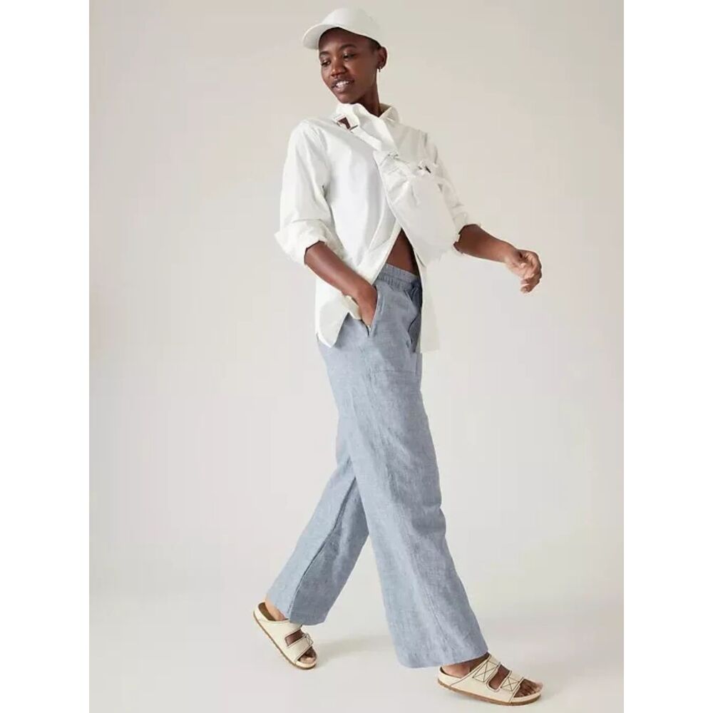 Athleta Cabo Blue Linen Wide Leg Pants Sz. 12 like new, with pockets - Picture 4 of 13